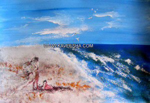 "Donna con Bambino sulla Sabbia" Acrilico 63x45 - 2004